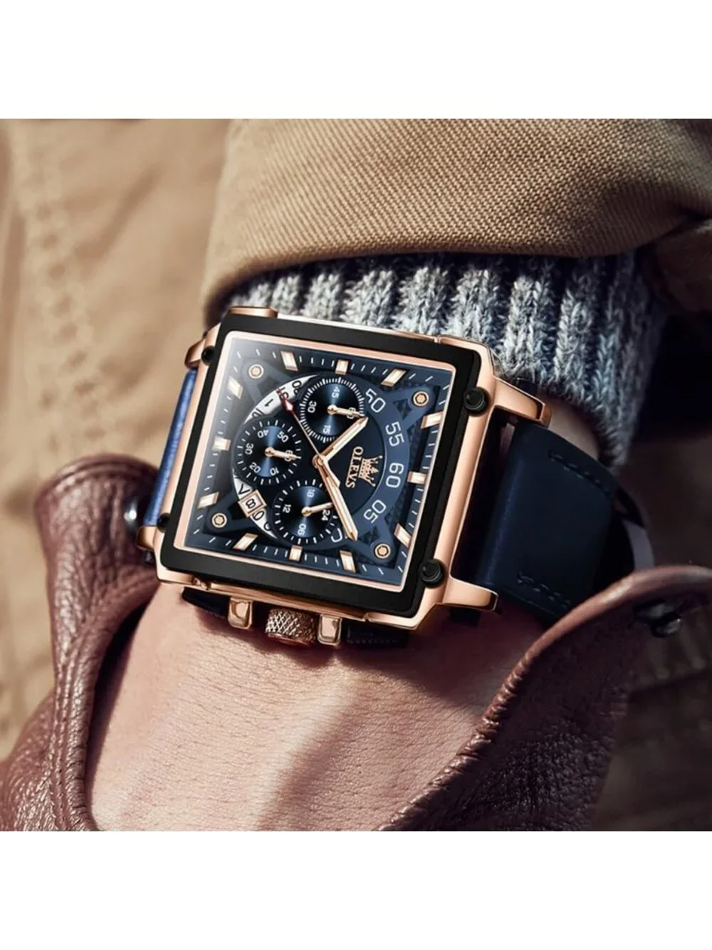 Men's Blue Quartz Leather Strap Waterproof Casual Trendy Square Dial Wristwatch